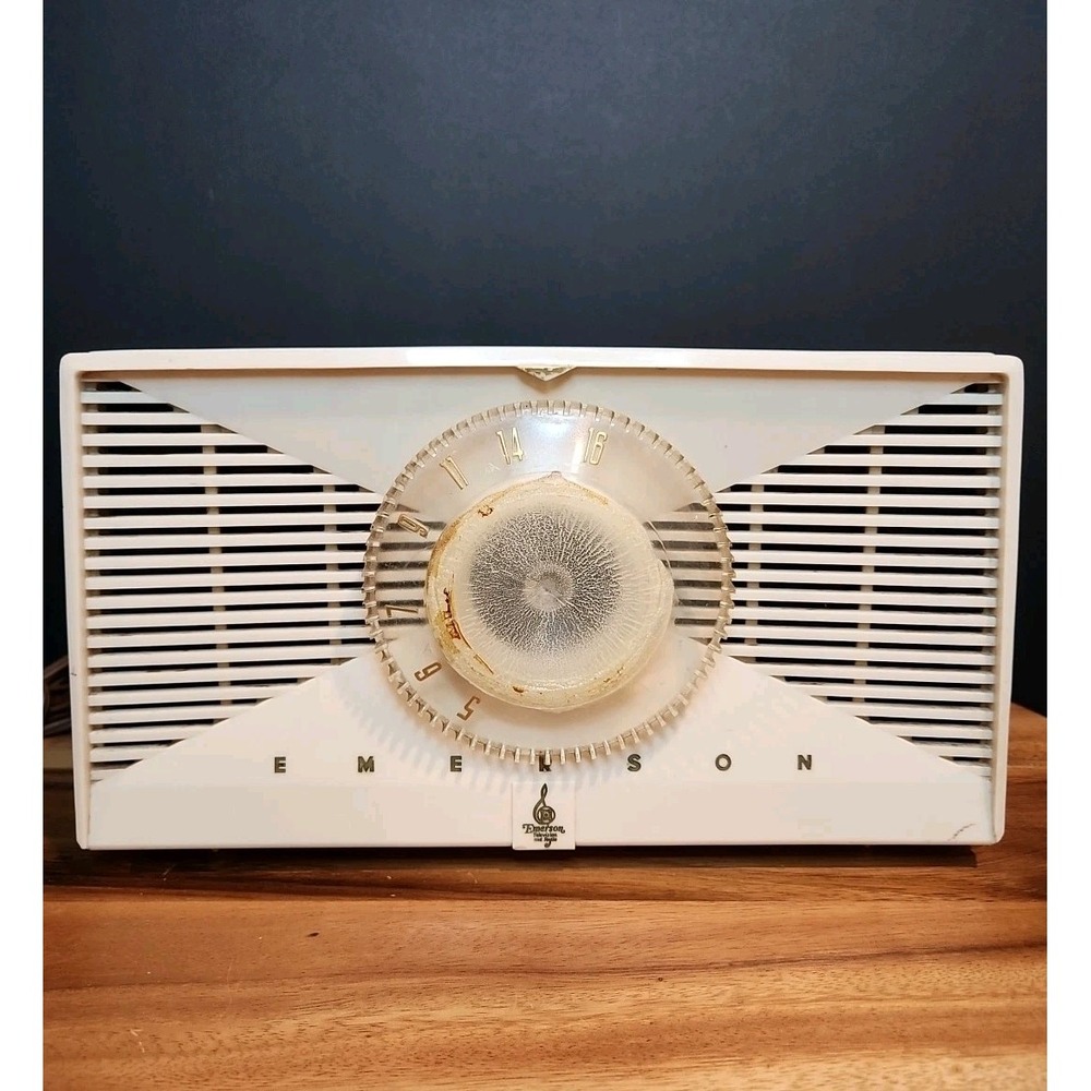 1955 Emerson 812B Atomic Jetsons Bakelite Ivory Tube AM Radio Tested WORKS !!